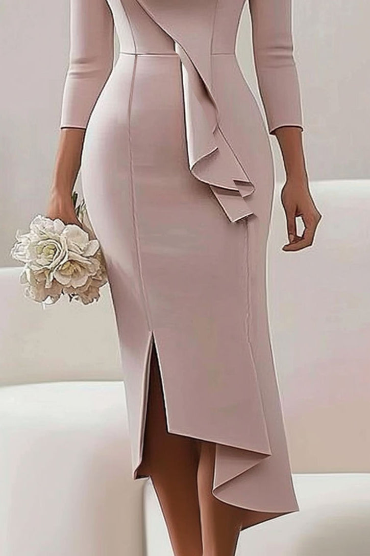 Wedding Guest Dress Pink Ruffle V Neck Midi Dress Mother of the Bride Dress
