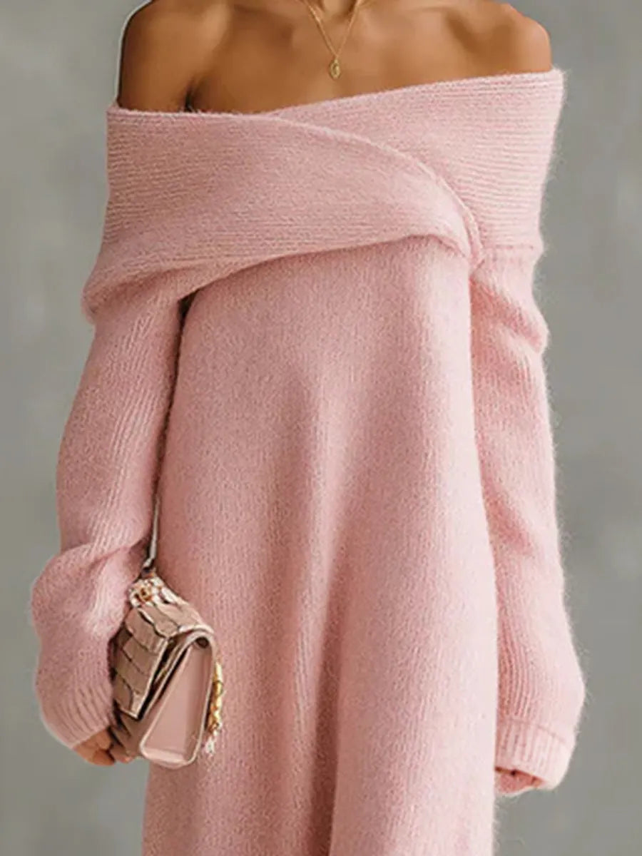 Pink Mohair One-shoulder Loose Maxi Dress