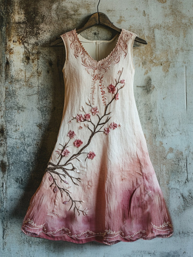 Vintage Celtic Knot With Cherry Blossoms Pattern Linen Tank Dress