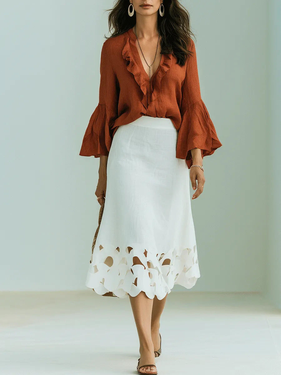 Boho Chic Rust Ruffle Blouse & White Cutwork Linen Maxi Skirt Set