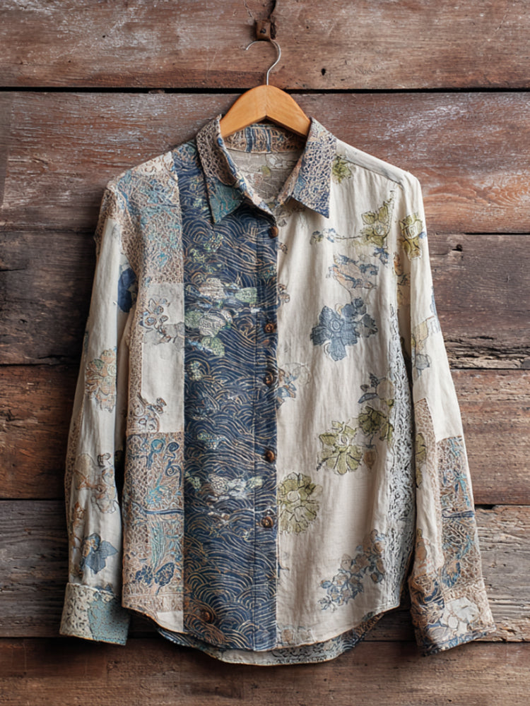 Japanese Style Retro Floral Cardigan Long Sleeve Button-down Shirt
