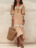 Flowy Nude Ruffled Dress With Puff Sleeves — An Elegant With Effortless Feminine Style  Maxi Dress