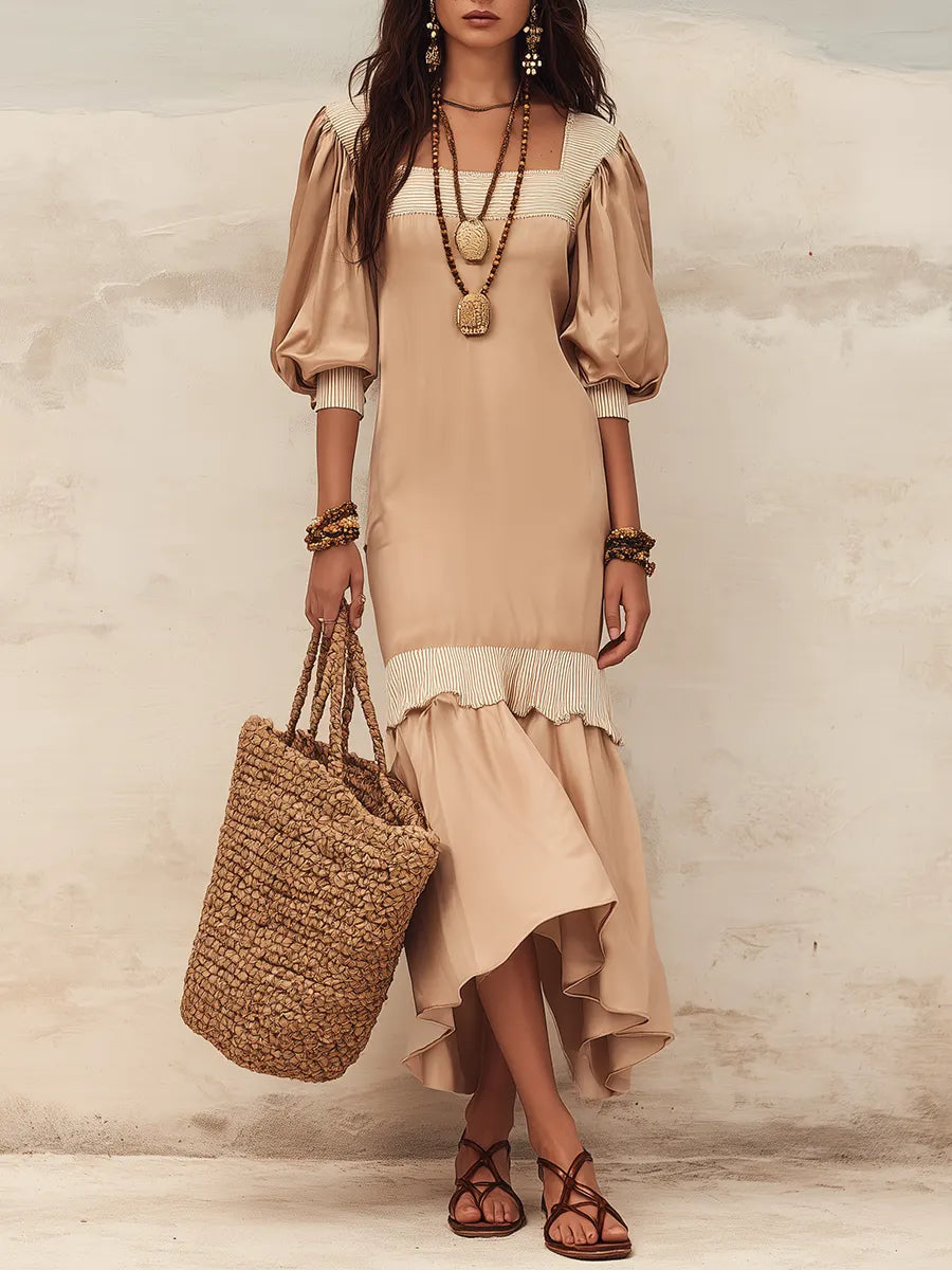 Flowy Nude Ruffled Dress With Puff Sleeves — An Elegant With Effortless Feminine Style  Maxi Dress