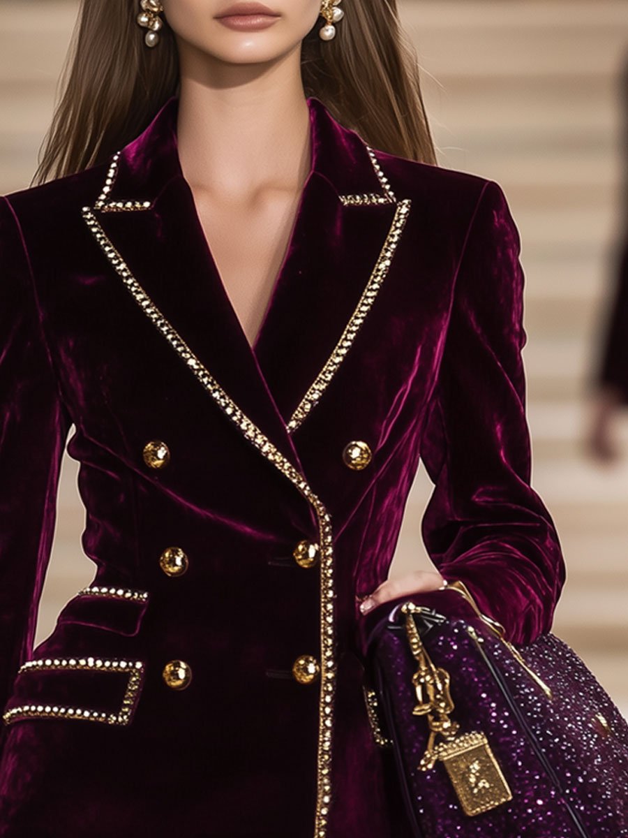 [24-hour shipping out]Casual Vintage Burgundy Velvet Gold Trim Double Breasted Suit Mini Dress