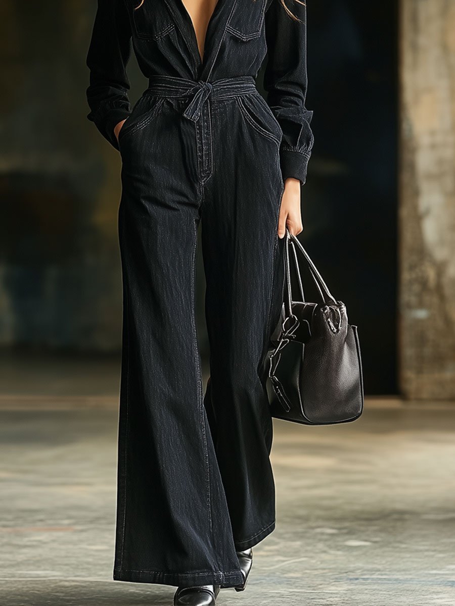 [24-hour shipping out]Casual Multi-Pocket Belted Long Sleeve Black Flared Denim Jumpsuit