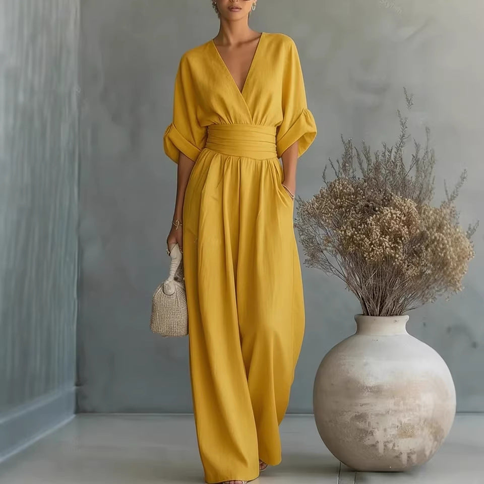 Elegant V-Neck Pleated Wide-Leg Jumpsuit | Flowy High-Waist Romper with Pockets