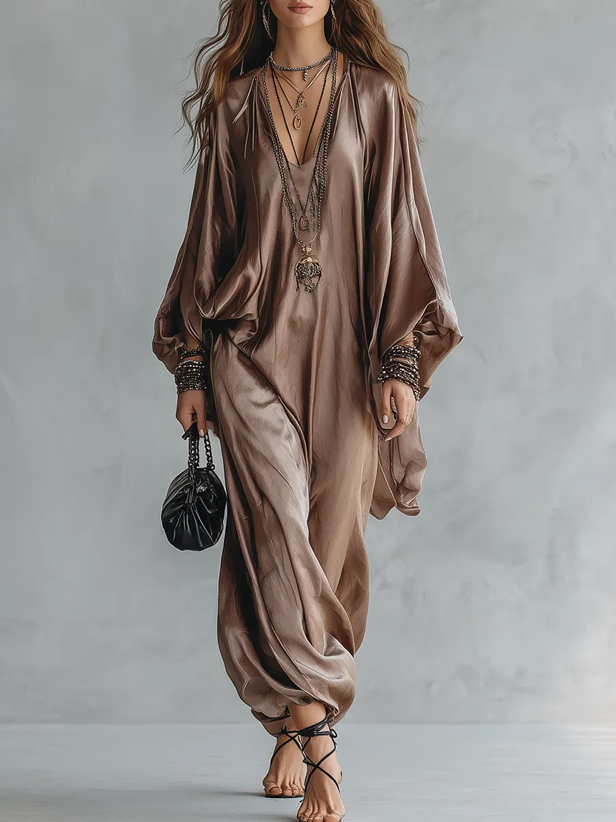 Champagne Satin Oversized Kaftan Jumpsuit With Batwing Sleeves