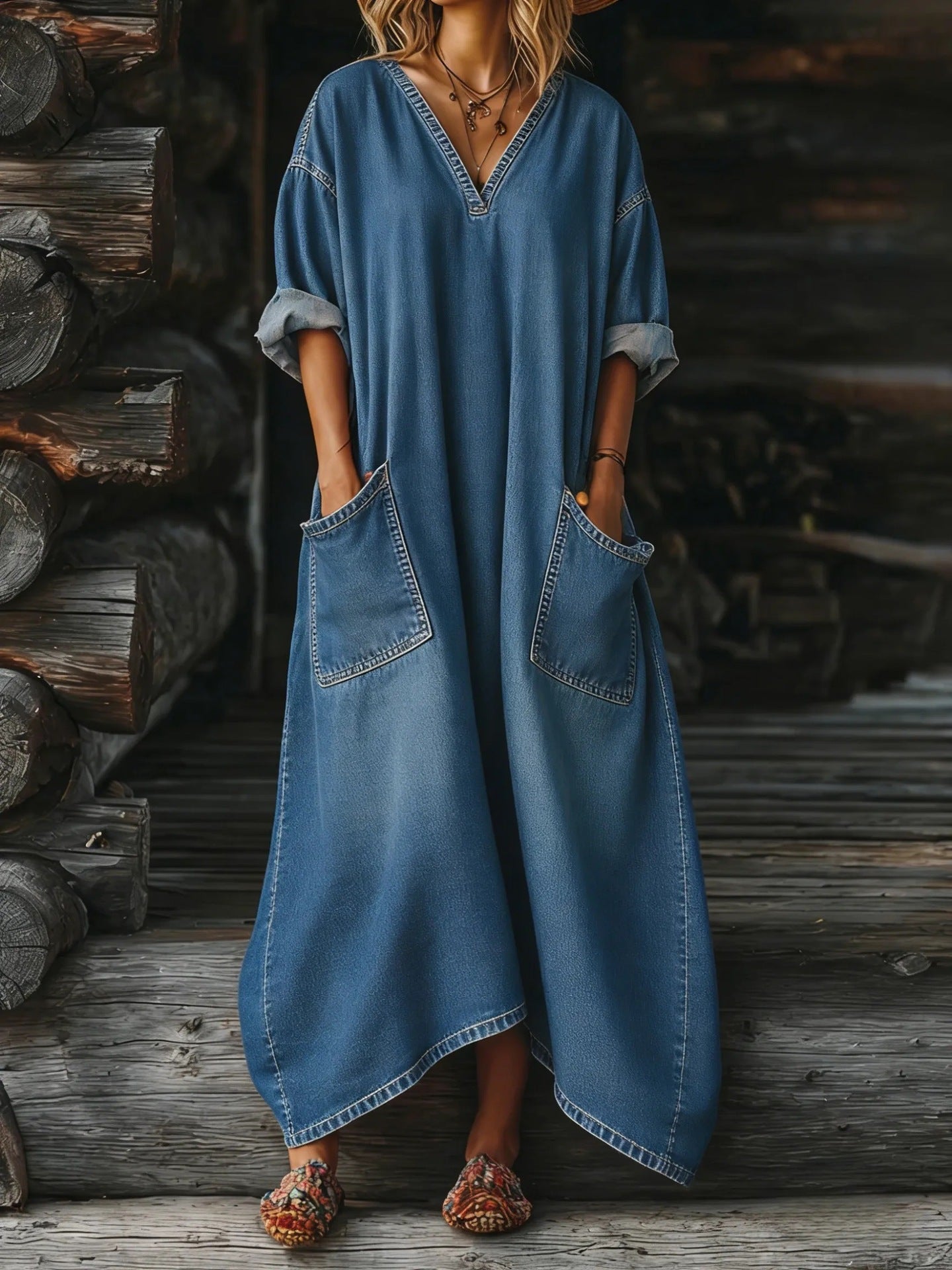 Vintage Washed Oversized Denim Maxi Dress - Loose Fit V-Neck Boho Long Dress with Pockets