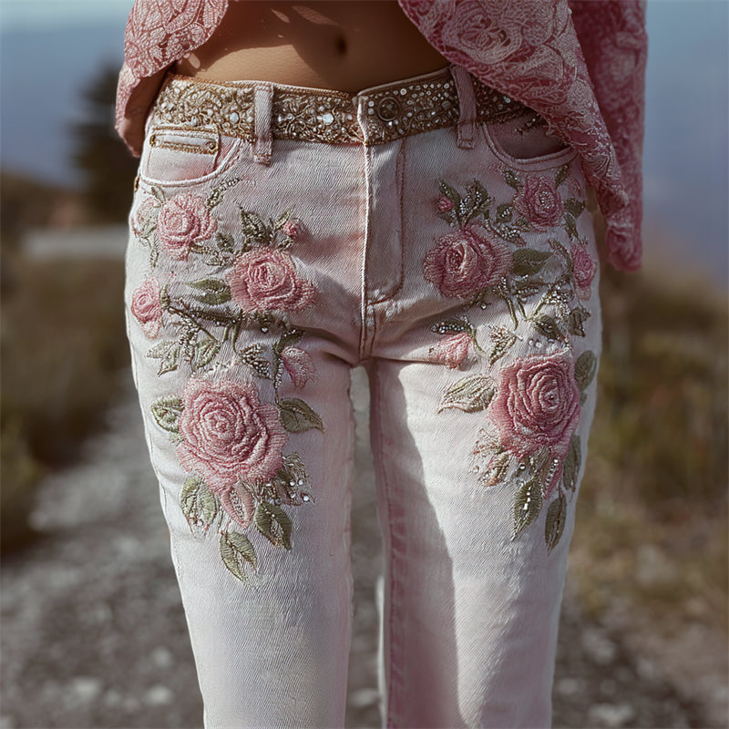 Vintage Pink Roses Glitter Embroidered Skinny Jeans