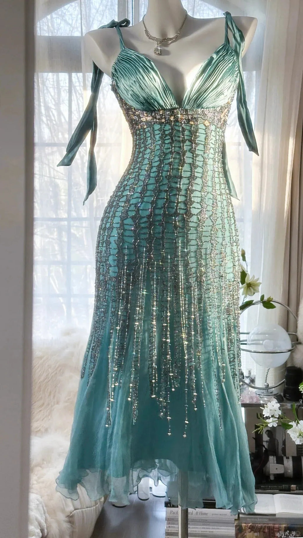 Green Luxury Gorgeous Retro Fashion Exquisite Tassel Beaded Mid-Length Chiffon Ball Gown Birthday Party Dress Evening Dress Prom Dress 3973