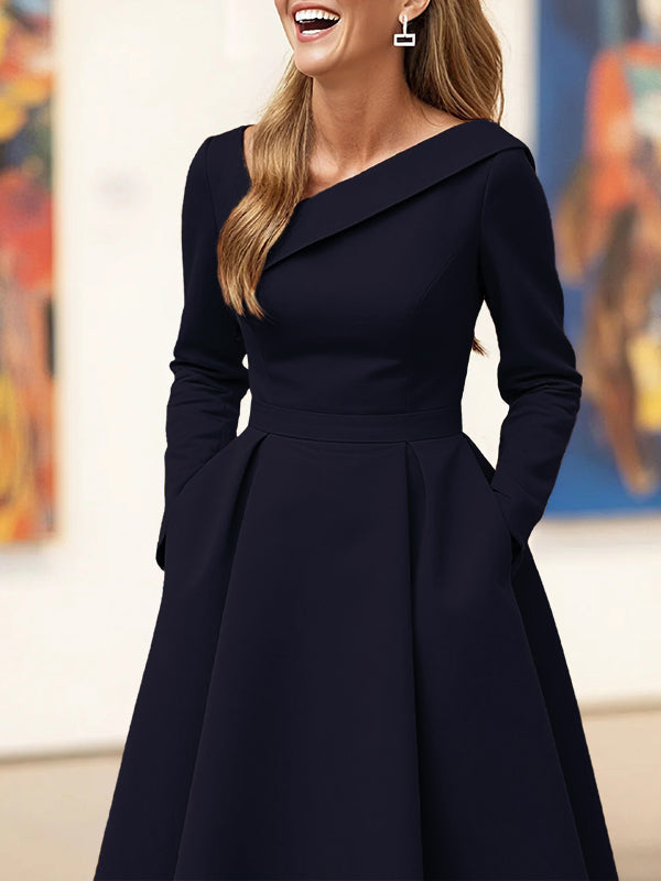 A-Line High Waisted Pleated Pockets Solid Color V-Neck Maxi Dresses