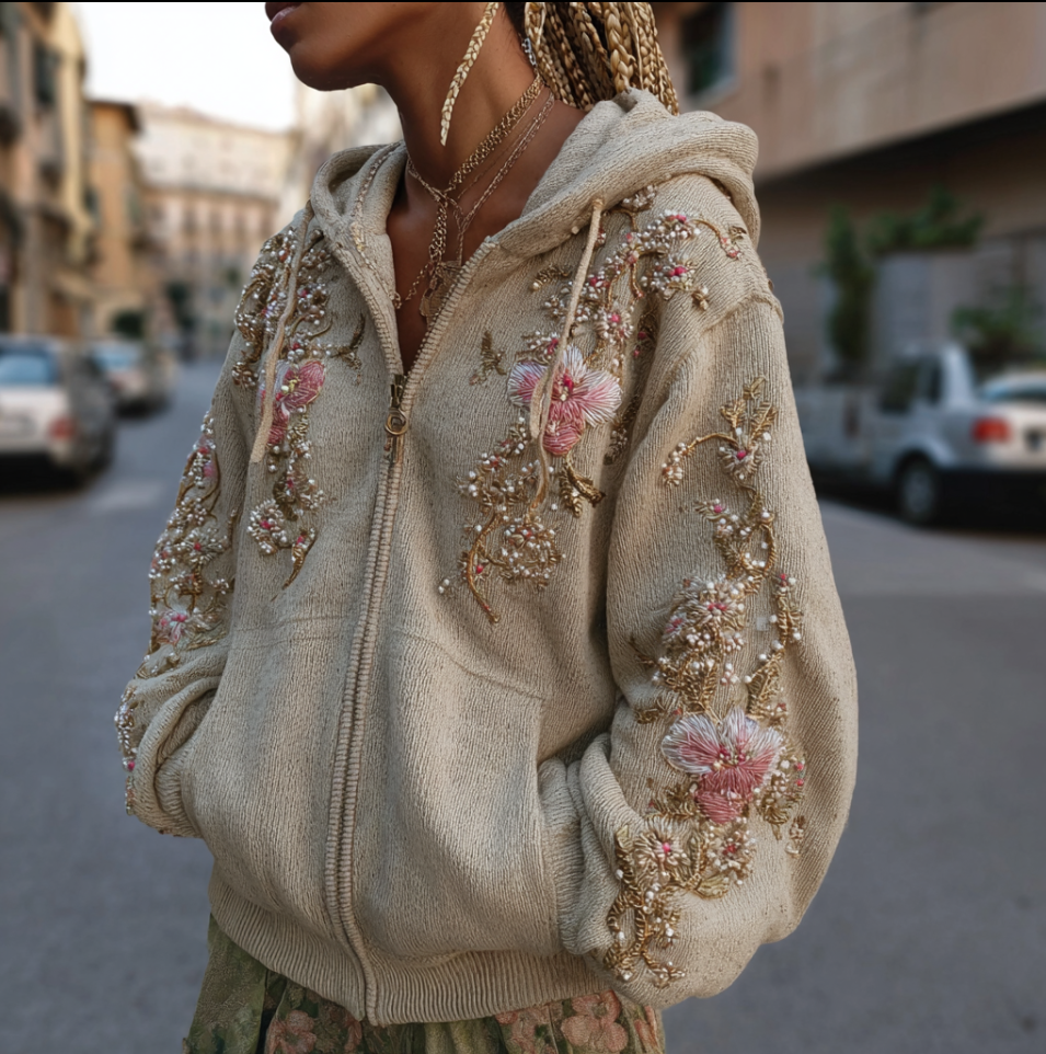 Bohemian Style Pink Flower Embroidery Hooded Long Sleeve Jacket With Zipper