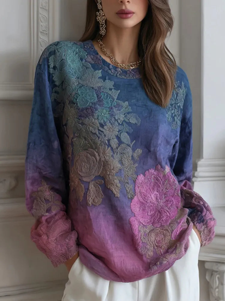 Women's Floral Embroidered Round Neck Comfortable Top