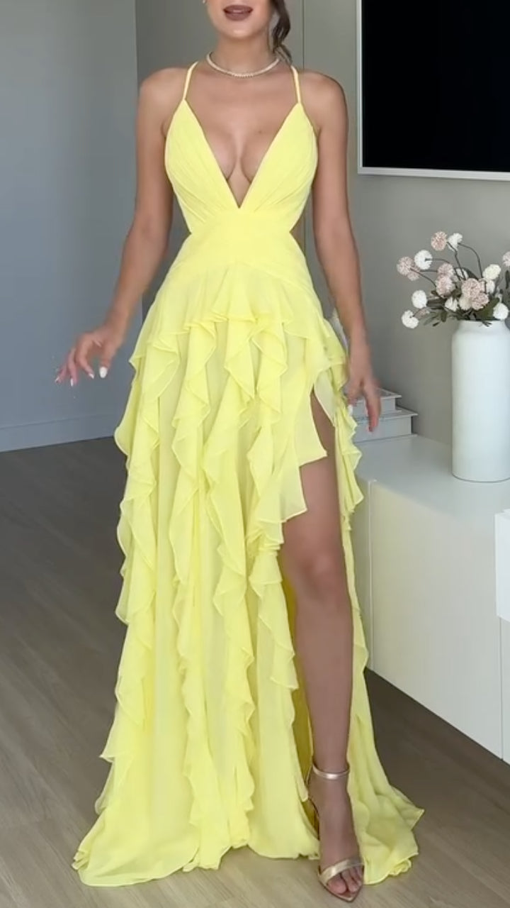Women's Yellow Deep V-Back Ruffle Slit Maxi Dress