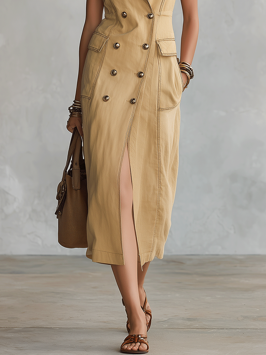 Effortless Tailored Linen Double-Breasted Front-Slit Khaki Maxi Dress