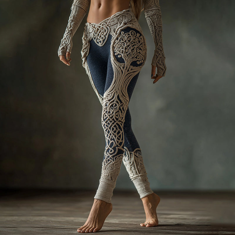 Vintage Viking Tree Of Life Celtic Knot Contrasting Colors Art Knit Cozy Leggings