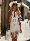 [24-hour shipping out]Casual Retro Bohemian Embroidered Sleeveless White Denim Tassel Mini Dress