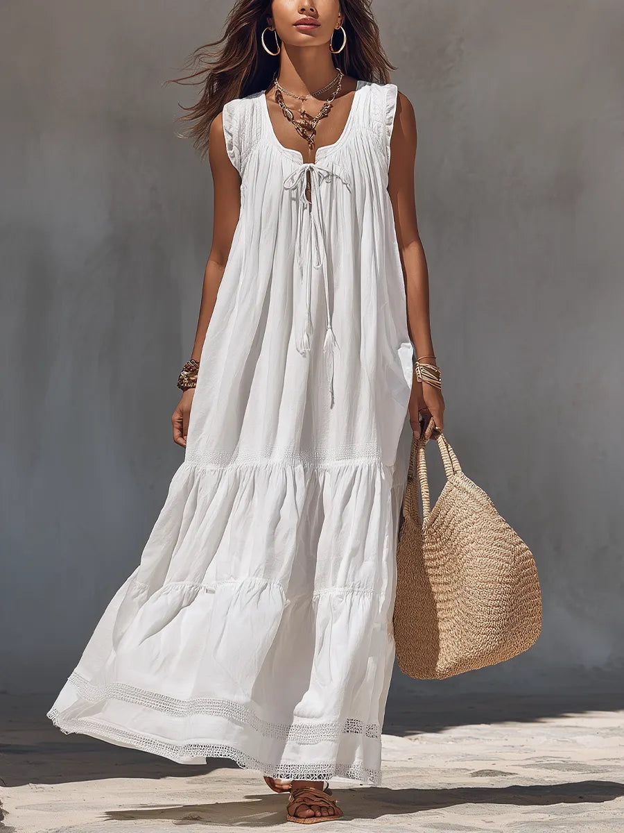 Effortless White Tiered Sleeveless Bohemian Maxi Dress