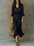 Premium Black V-Neck Satin Midi Dress