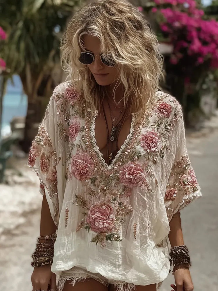 Women's Pink Floral Embroidery Art V Neck Comfy Shirt