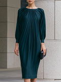 Elegant Pleated Lantern-Sleeve Midi Dress