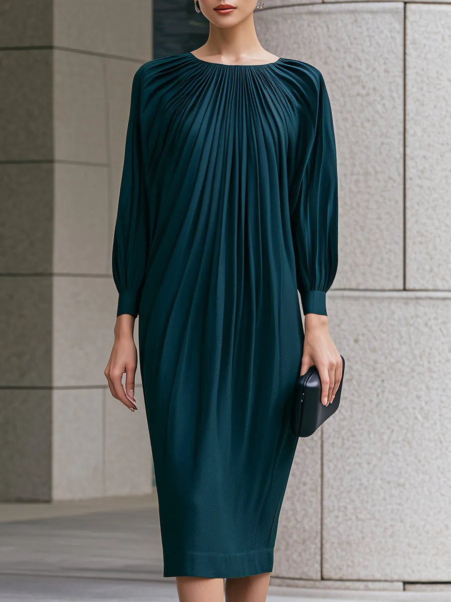 Elegant Pleated Lantern-Sleeve Midi Dress