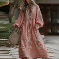 Vintage Boho Roses Embroidered V Neck Maxi Dress