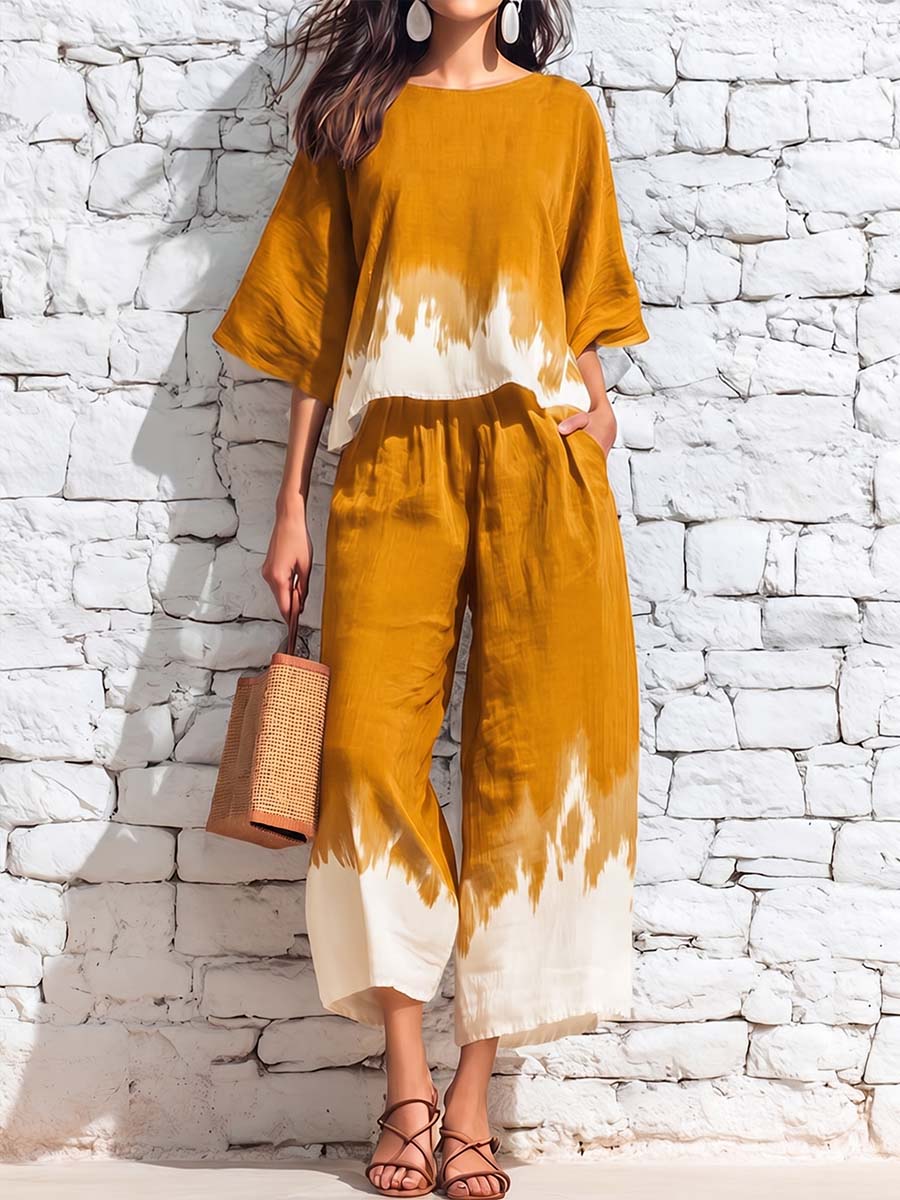 Women's Casual Loose Cotton-linen Outfit: Crew Neck 3/4-sleeve Top With Placement Print & Elastic-waist Wide-leg Pants