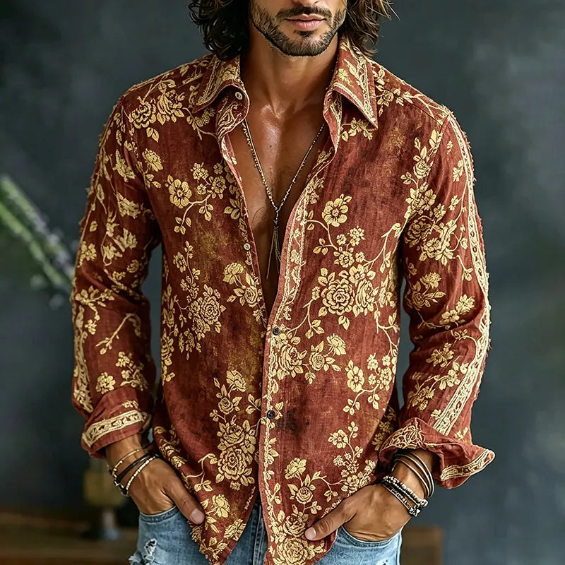 Men's Spring Summer Colorful Floral Embroidered Art Print Flowy Linen Blend Shirt