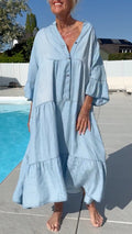 Light Wash Button‑Front Tiered Denim Maxi Dress