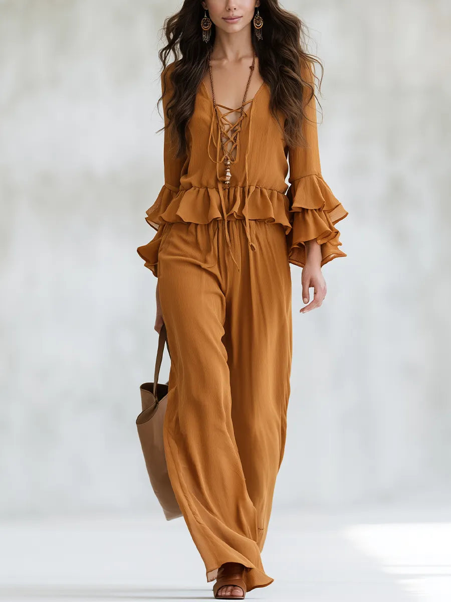Elegant Orange Lace-Up Ruffle Blouse & Pants Set