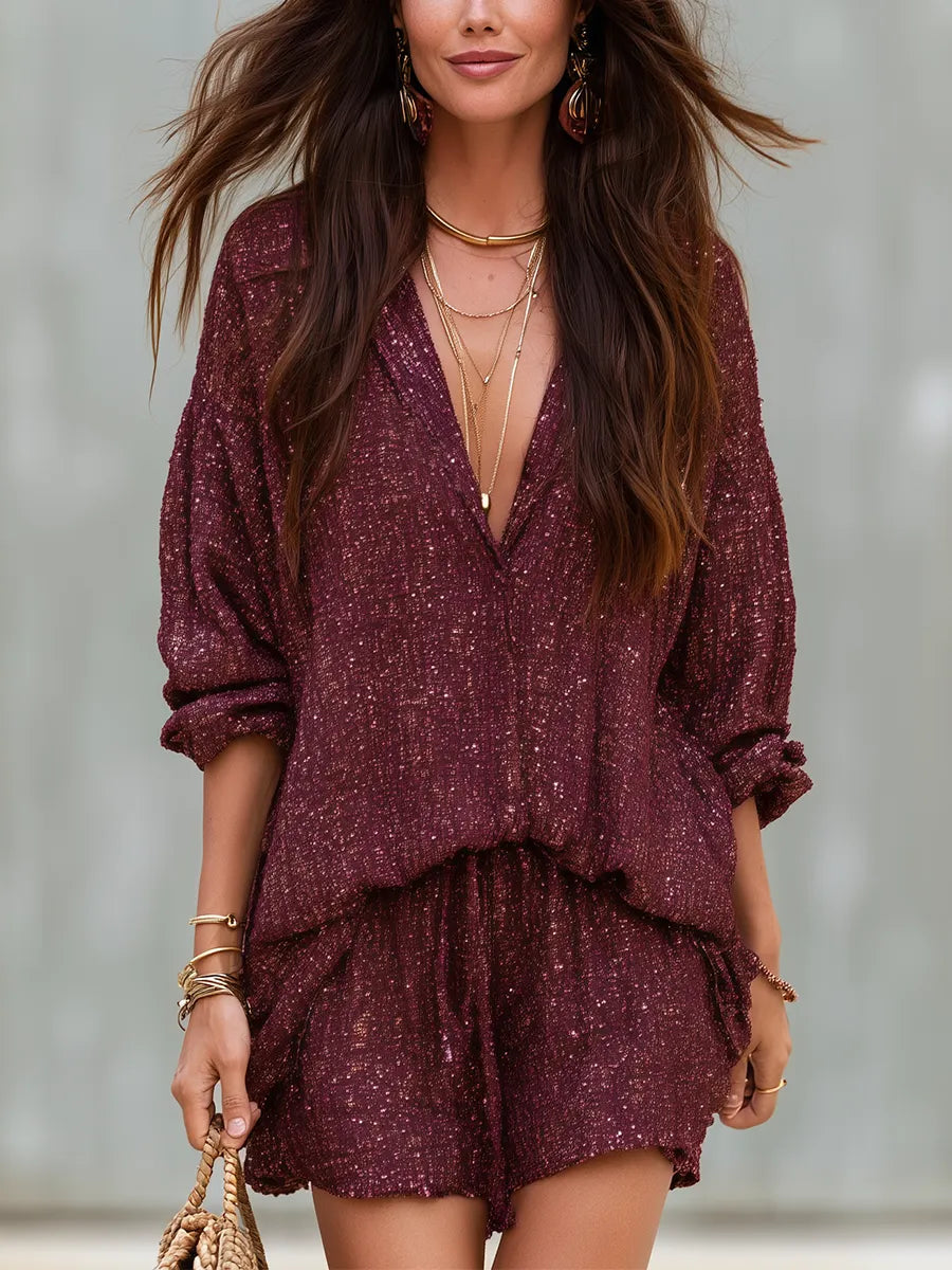 Bohemian Burgundy Sequined Tweed Shorts Suit