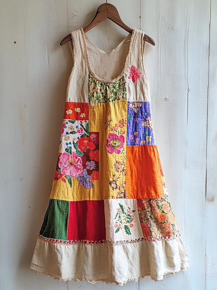 Boho Floral Patchwork Art Linen Blend Dress 1ebd