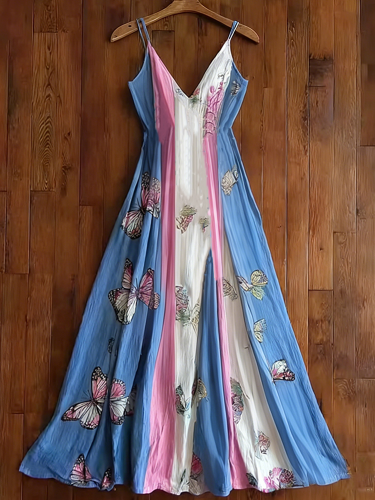 Retro Butterfly Print Transgender Colorblock Patchwork Dress