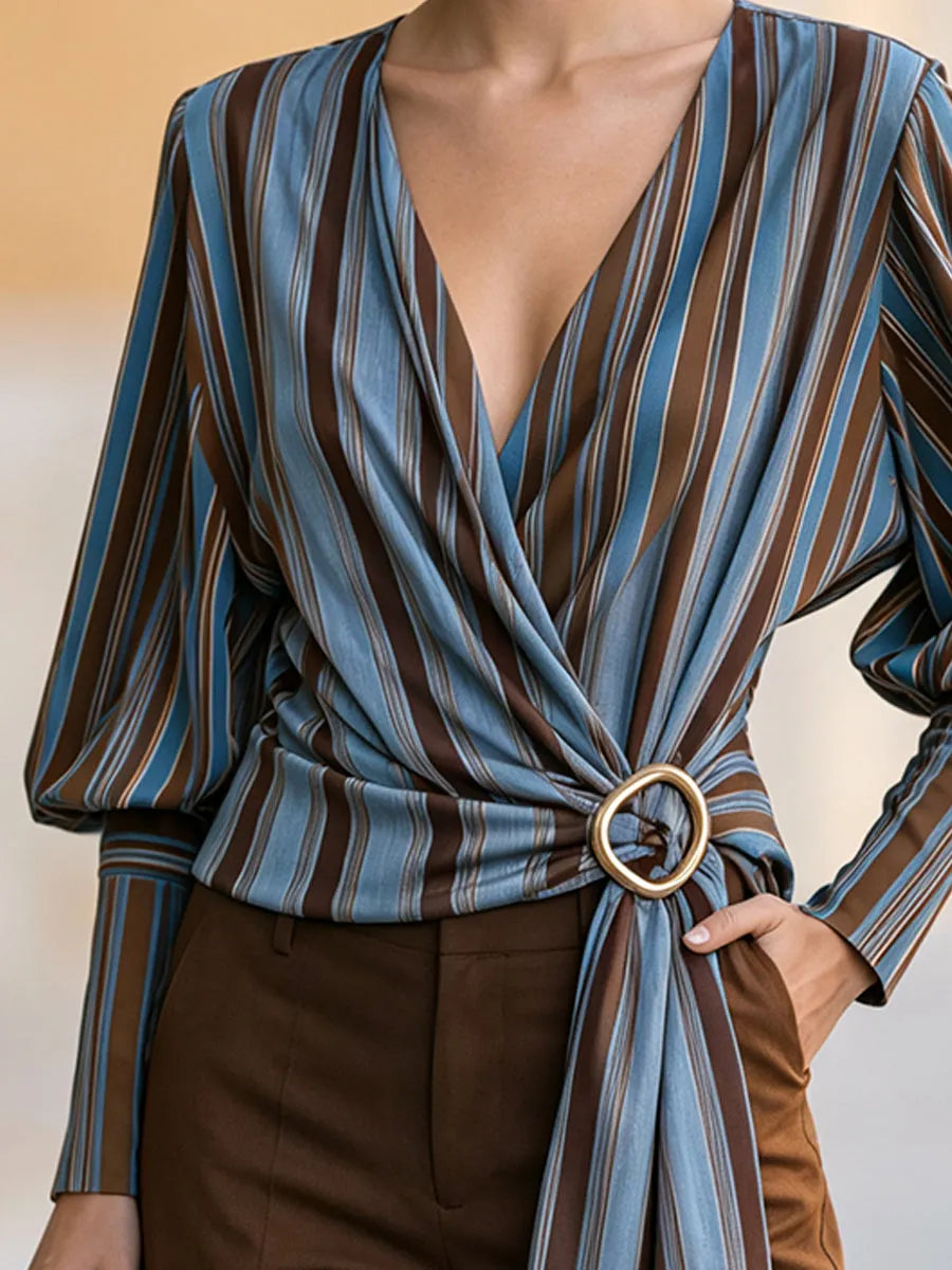 Striped Draped V-Neck Long Sleeve Blouse With Waist Ring Detail