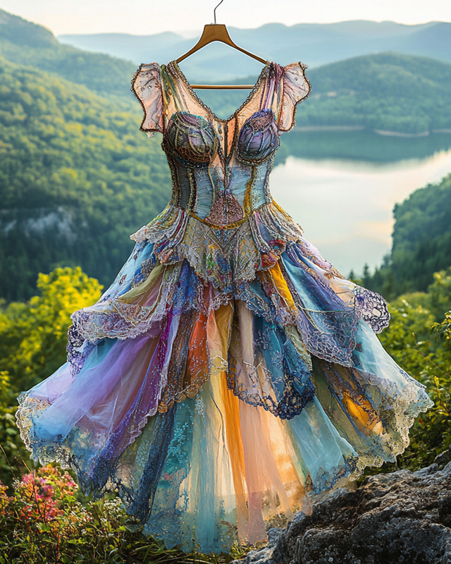 Summer Irregular Lace Patchwork BeadedRuffle Dress f922