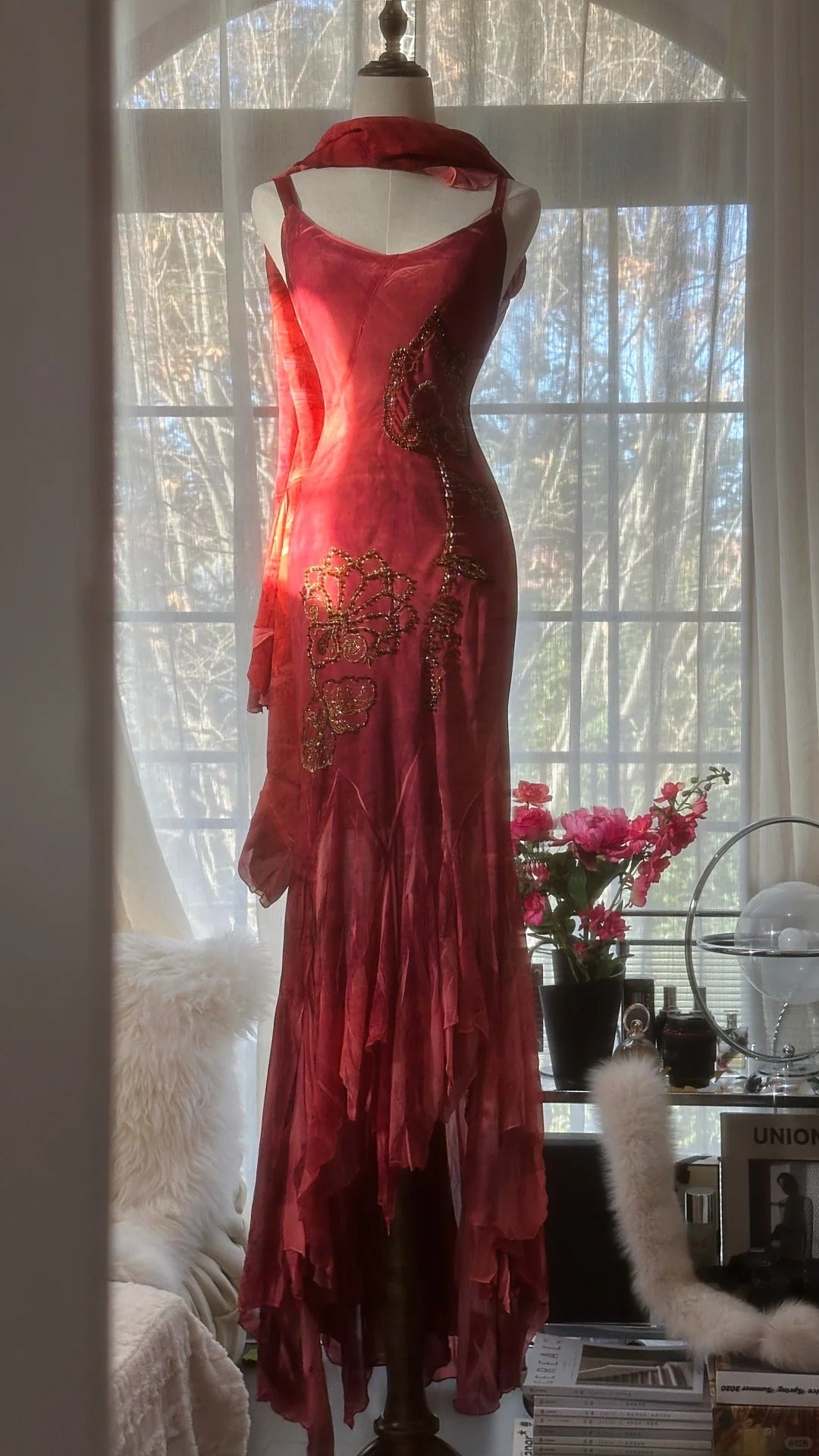 Red Romantic Fashion Elegant Exquisite Lotus Gold Beaded Long Chiffon Fishtail Skirt Mermaid Slim Ball Gown Evening Dress Birthday/Wedding Guest/Holiday Party Dress Prom Dress Valentine's Day Date Dress 4029