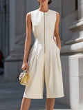 Women's Solid-color Round-neck Sleeveless Casual Slim-fit Cotton-linen Jumpsuit