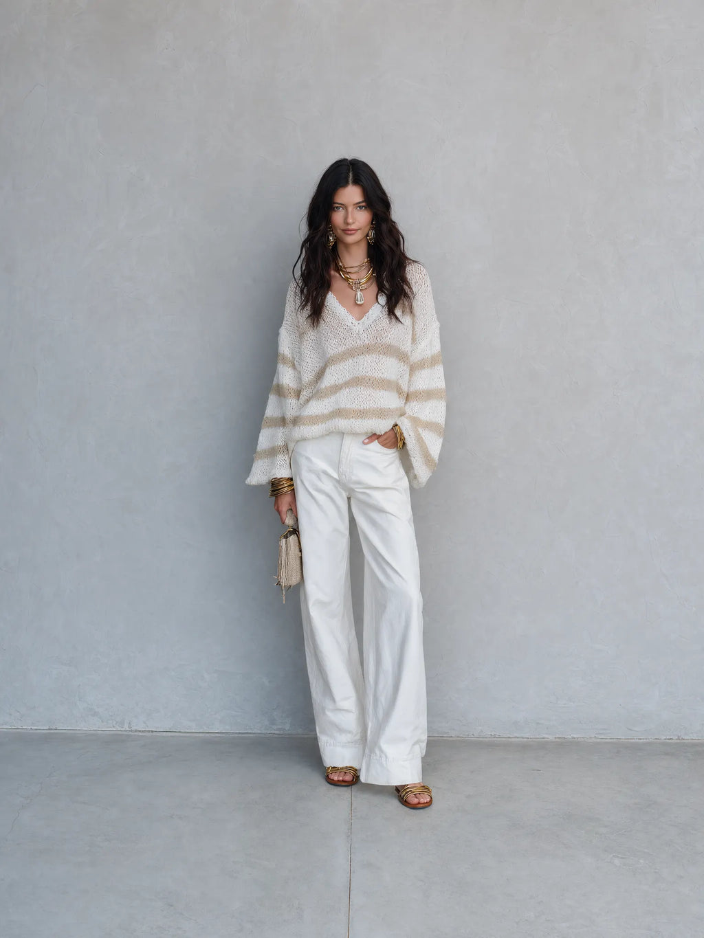 Effortless Chic Loose-Knit Drop-Shoulder Balloon-Sleeve Cream Striped Pullover