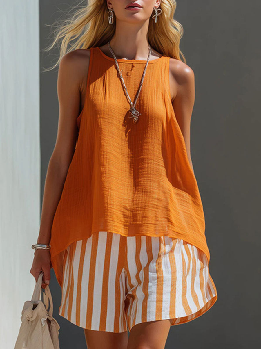 Women's Orange Cotton-linen Vest And Striped Shorts Set