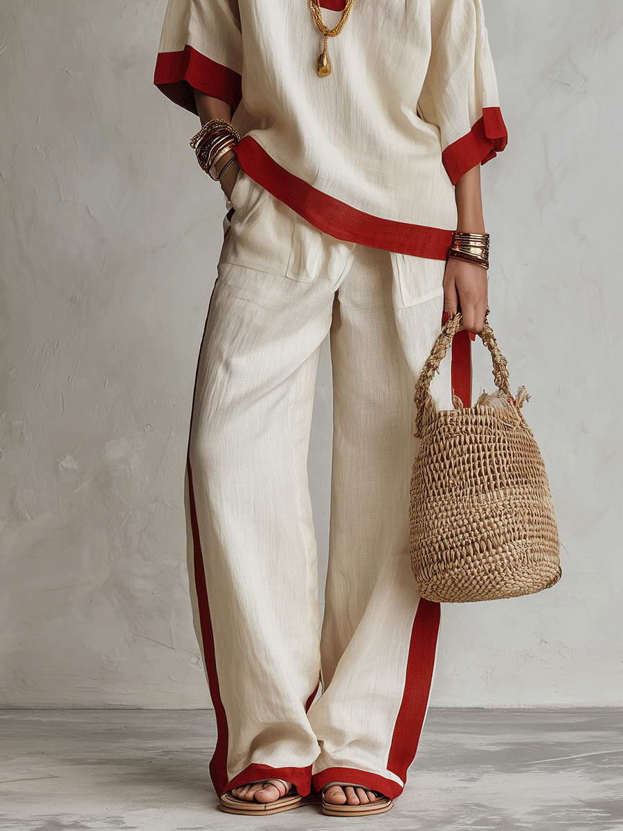 Minimalist Chic Textured Linen Red-Trim Oversized Off-White Palazzo Set