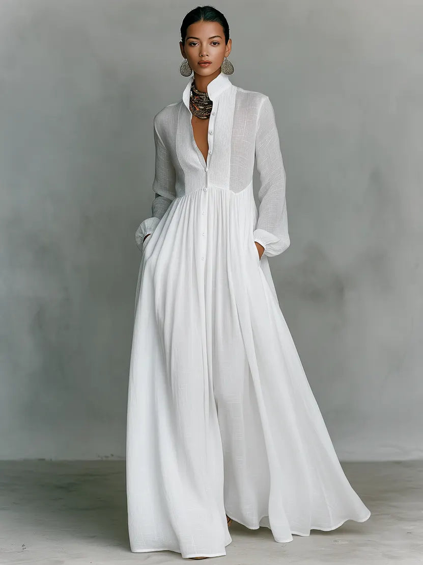 Women's Minimalist Cotton And Linen Patchwork Single-breasted Stand-up Collar Long-sleeved Maxi Dress MDA0658K6Y