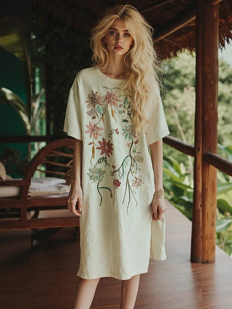 Women's Boho Floral Embroidery Art Midi Dress