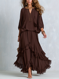 Bohemian Style Brown Layered Ruffle Skirt Suit