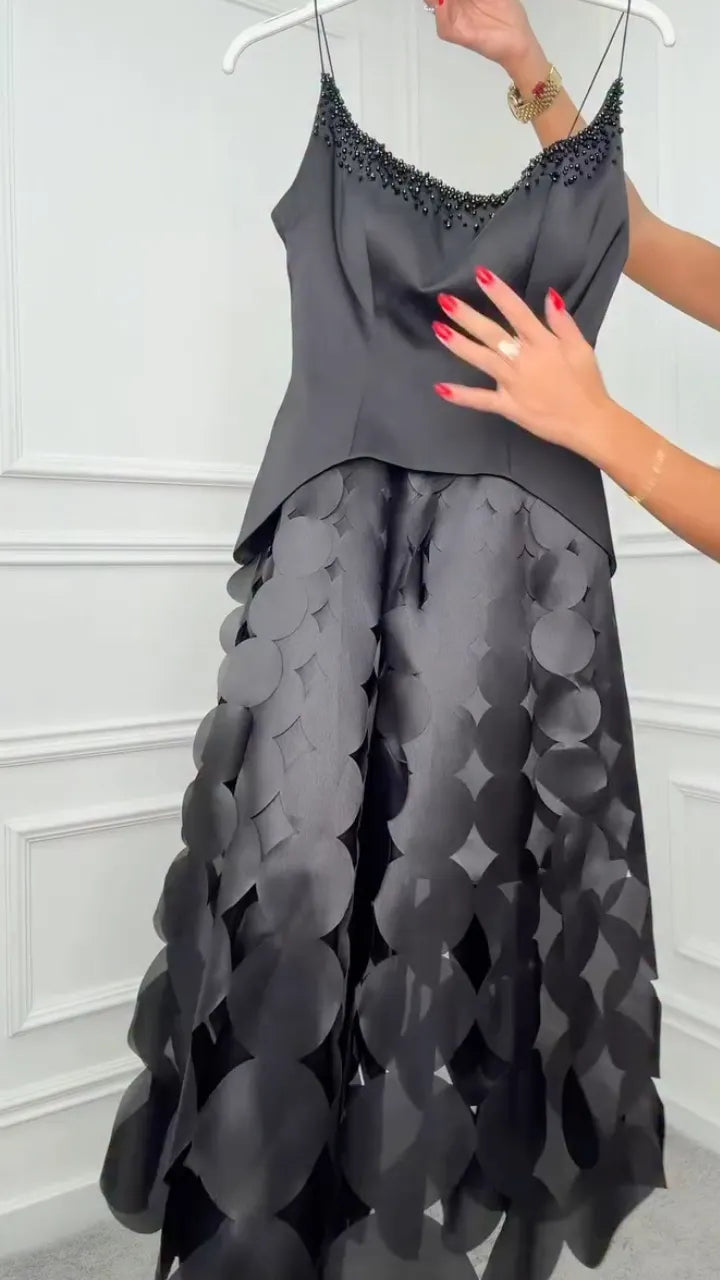 Women's U-Neck Beaded Halter Top Layered Midi Dress