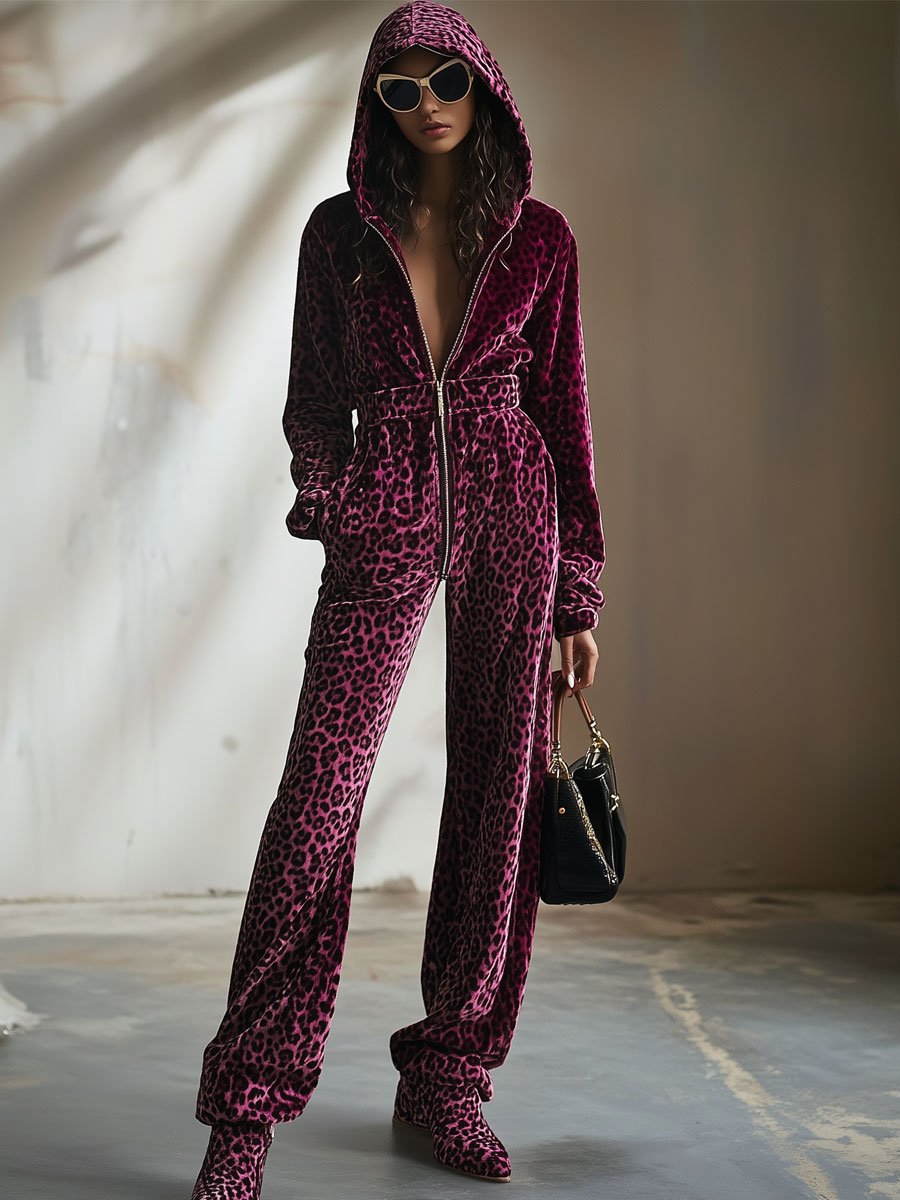 [24-hour shipping out]Casual Retro Purple Velvet Leopard Print Elastic Waist Zipper Hooded Jumpsuit