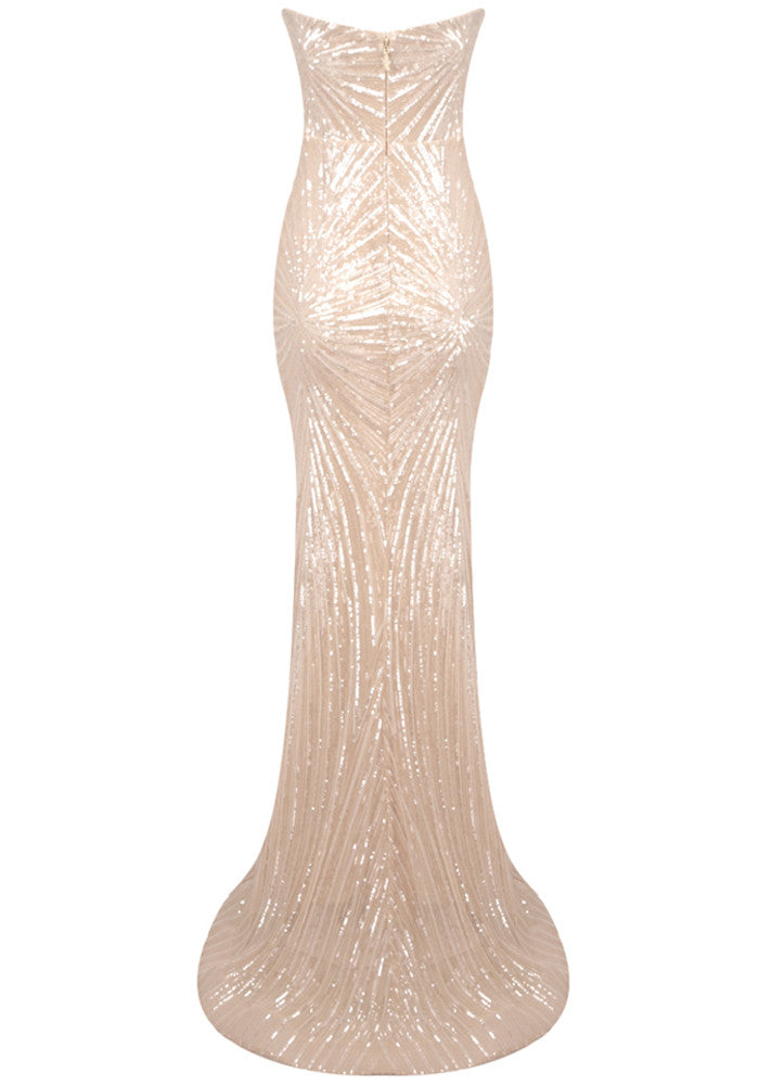 Strapless Crystal Sequined Maxi Dress Nude