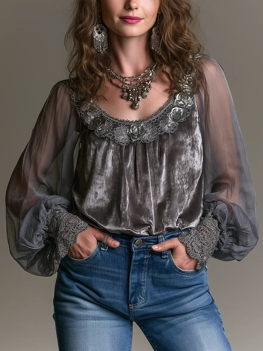 Romantic Vintage Sheer Sleeve Velvet Top