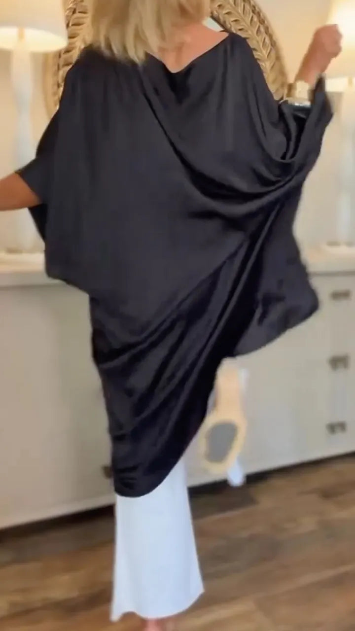 Black Satin Off-Shoulder Asymmetrical Tunic Top