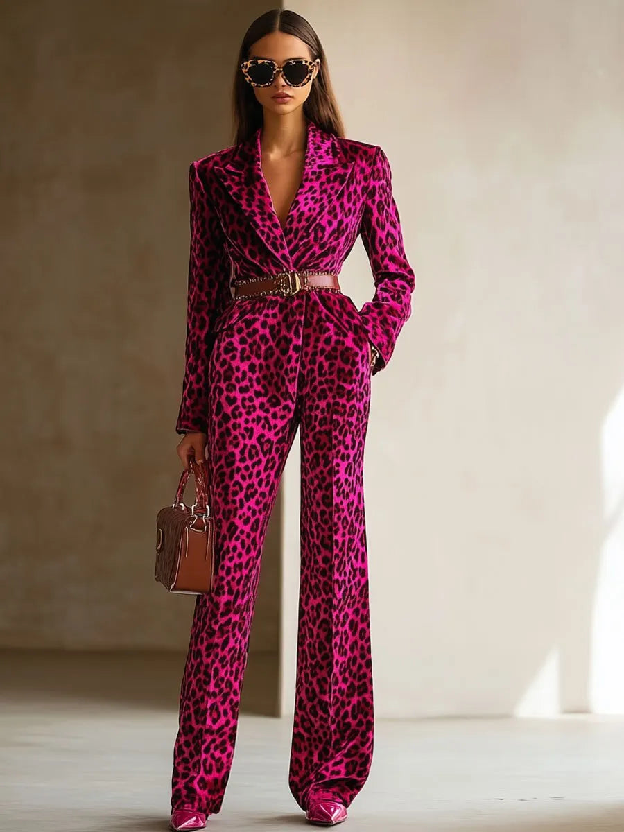 [24-hour shipping out]Casual Loose Retro Velvet Leopard Print Lapel Long Sleeve Jumpsuit